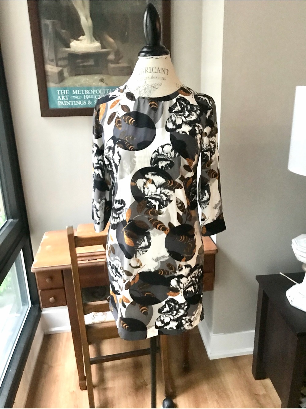 Bar III Black White Yellow Print Long Sleeve Dress Sz XS